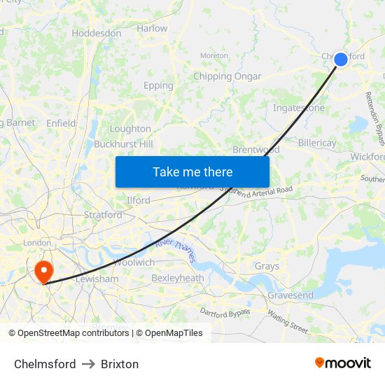 Chelmsford to Brixton map