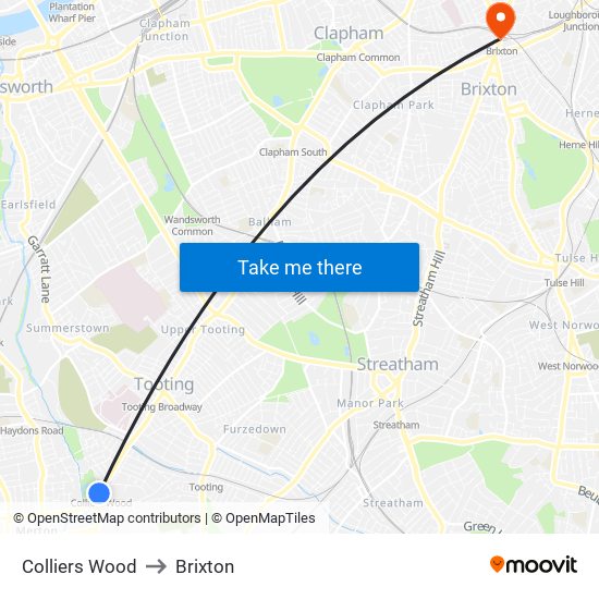 Colliers Wood to Brixton map