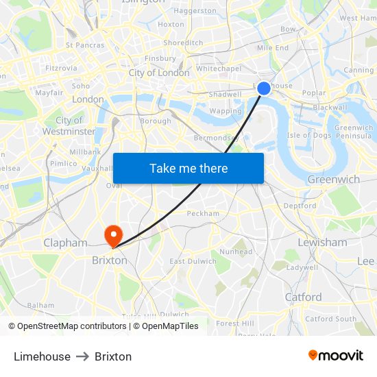 Limehouse to Brixton map