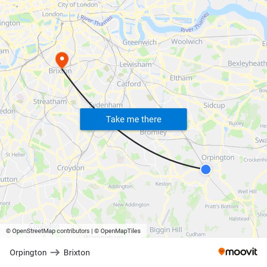 Orpington to Brixton map