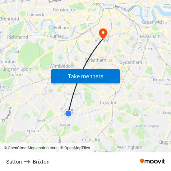 Sutton to Brixton map