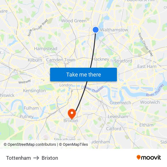 Tottenham to Brixton map