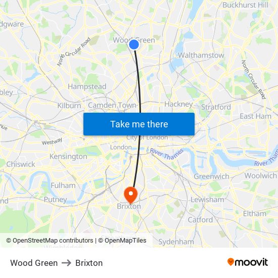 Wood Green to Brixton map