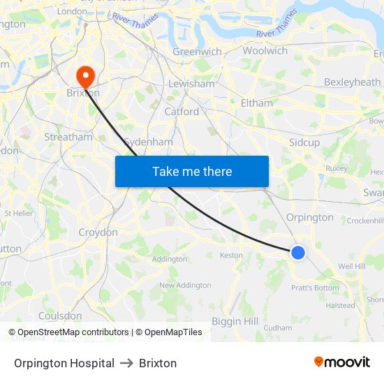 Orpington Hospital to Brixton map