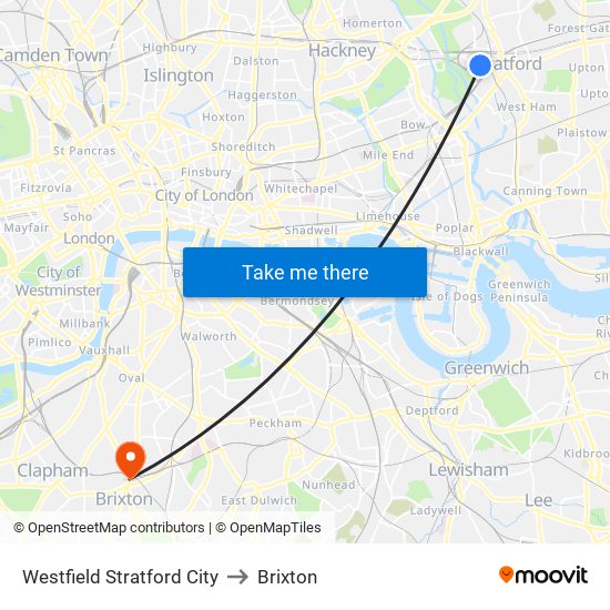 Westfield Stratford City to Brixton map