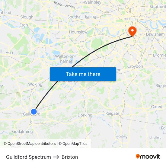 Guildford Spectrum to Brixton map