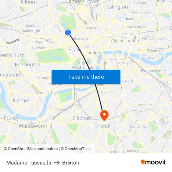 Madame Tussauds to Brixton map