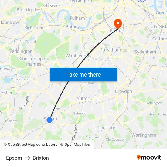Epsom to Brixton map