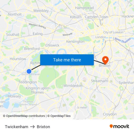 Twickenham to Brixton map