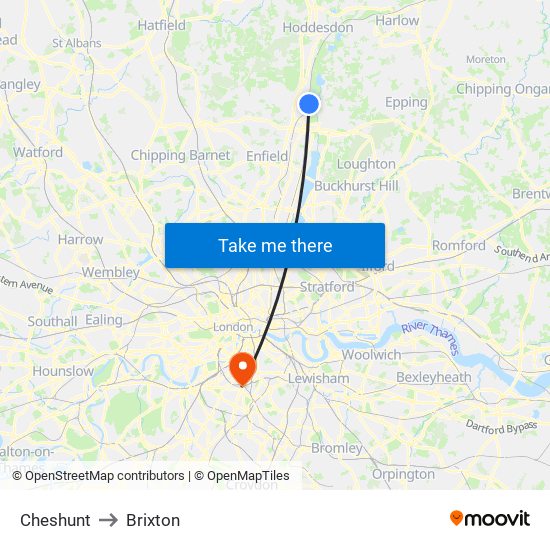 Cheshunt to Brixton map