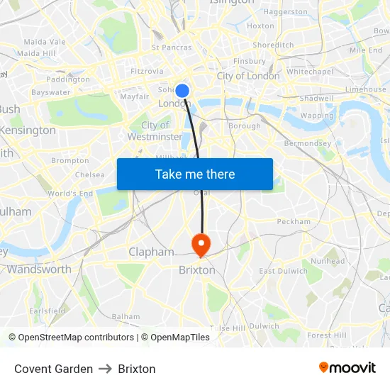 Covent Garden to Brixton map