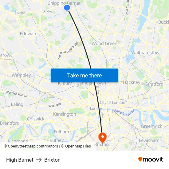 High Barnet to Brixton map