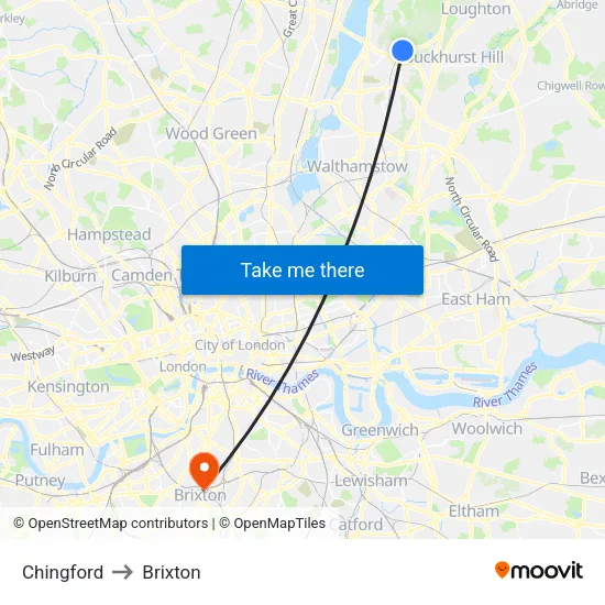 Chingford to Brixton map