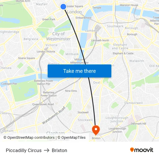 Piccadilly Circus to Brixton map