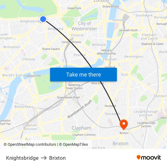 Knightsbridge to Brixton map