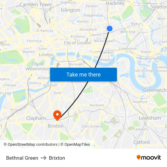 Bethnal Green to Brixton map