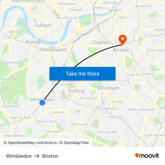 Wimbledon to Brixton map