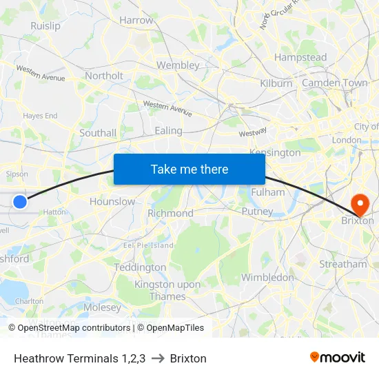 Heathrow Terminals 1,2,3 to Brixton map