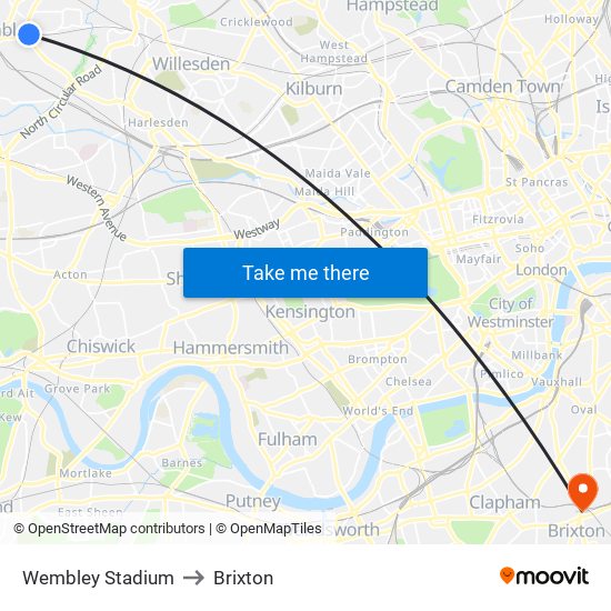 Wembley Stadium to Brixton map