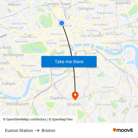 Euston Station to Brixton map