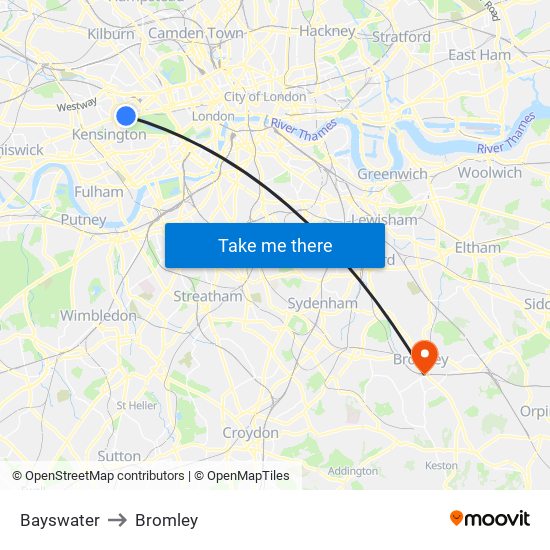 Bayswater to Bromley map