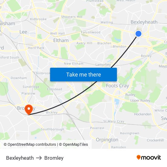 Bexleyheath to Bromley map