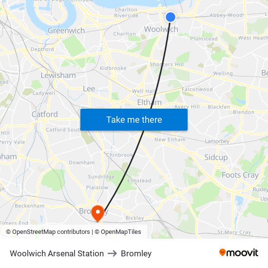 Woolwich Arsenal Station to Bromley map