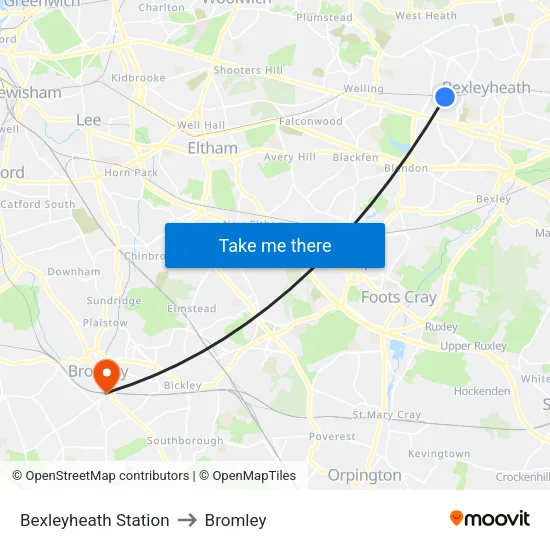 Bexleyheath Station to Bromley map