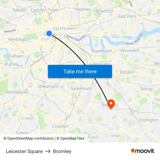Leicester Square to Bromley map