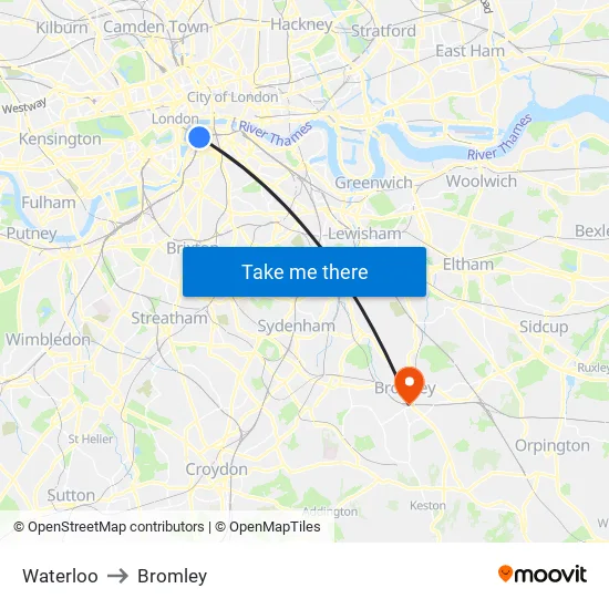 Waterloo to Bromley map