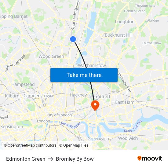 Edmonton Green to Bromley By Bow map