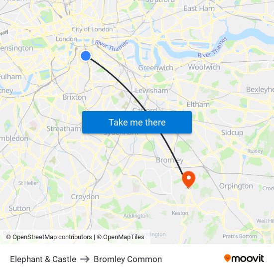 Elephant & Castle to Bromley Common map