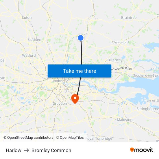 Harlow to Bromley Common map