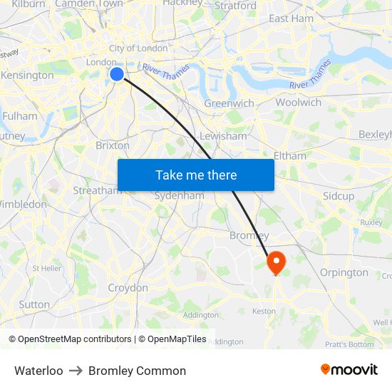 Waterloo to Bromley Common map