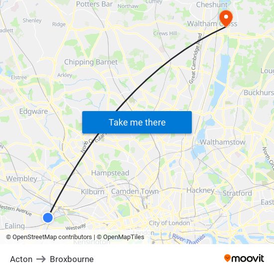 Acton to Broxbourne map