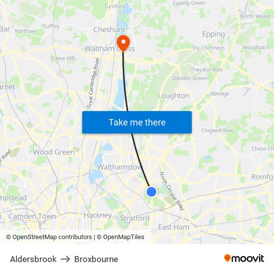 Aldersbrook to Broxbourne map