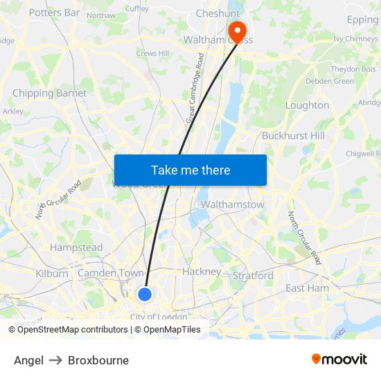 Angel to Broxbourne map