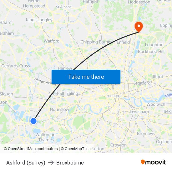 Ashford (Surrey) to Broxbourne map