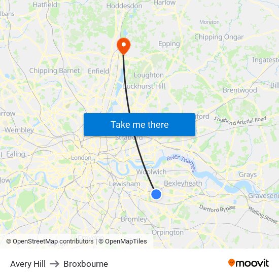 Avery Hill to Broxbourne map