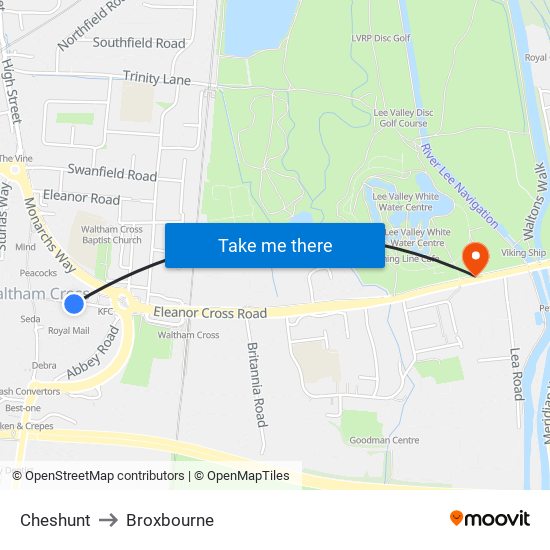 Cheshunt to Broxbourne map