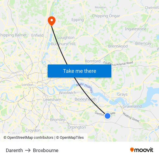 Darenth to Broxbourne map