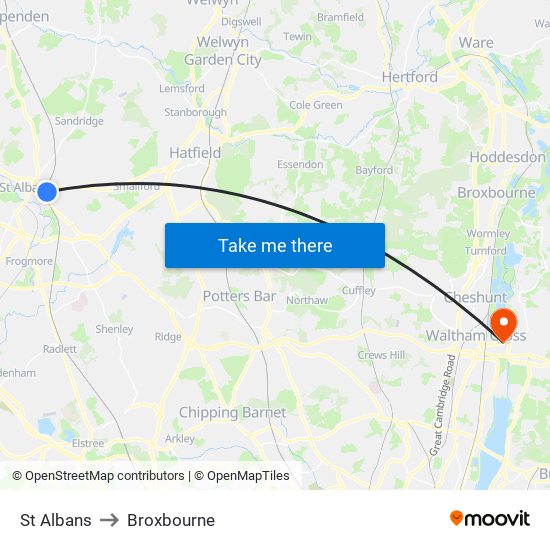 St Albans to Broxbourne map