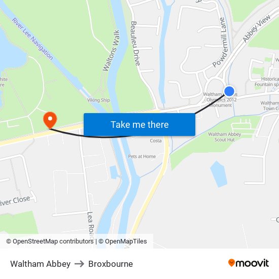 Waltham Abbey to Broxbourne map