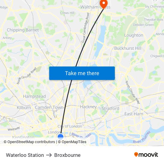 Waterloo Station to Broxbourne map