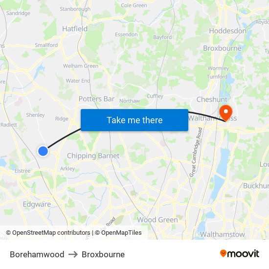 Borehamwood to Broxbourne map