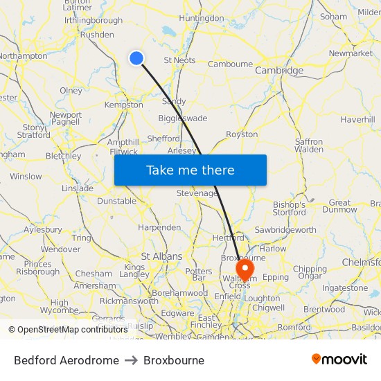 Bedford Aerodrome to Broxbourne map