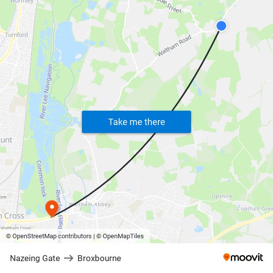 Nazeing Gate to Broxbourne map