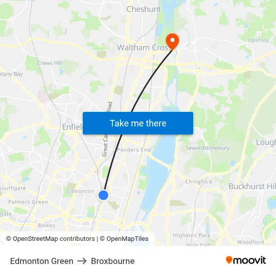 Edmonton Green to Broxbourne map