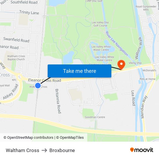 Waltham Cross to Broxbourne map