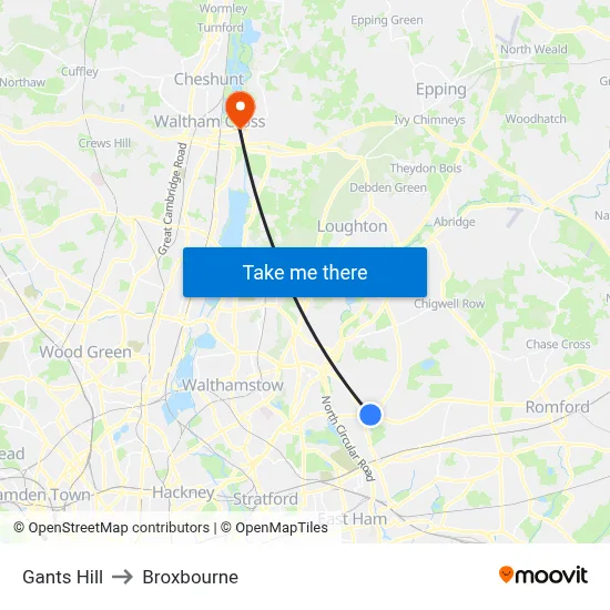 Gants Hill to Broxbourne map